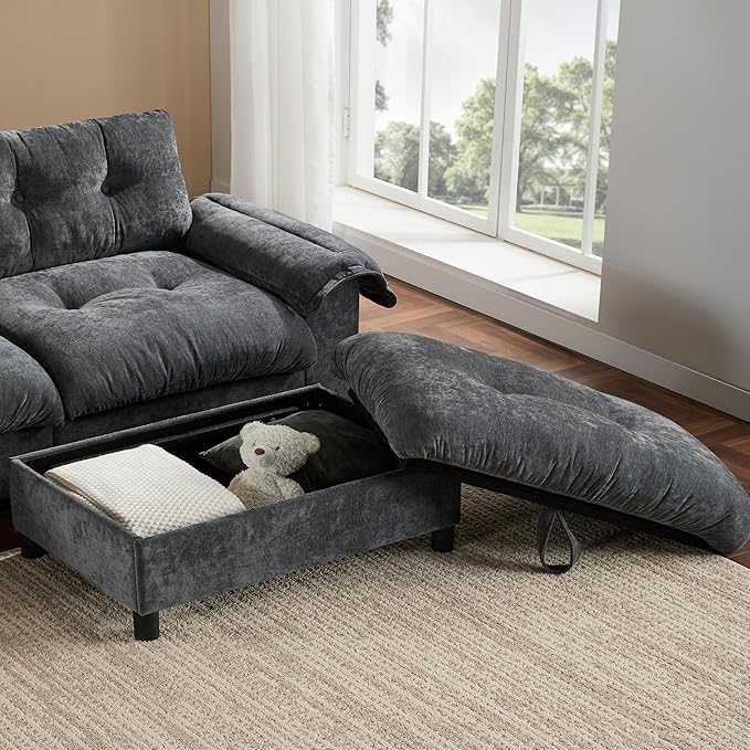 Ball & Cast Modular L Shaped Sectional Sofa W/Movable Storage Ottoman&Dual-Port Charging,4 Seater Chenille Upholstered Couch W/Side Storage Pockets&Cup Holder,for Living Room,Apartment,Dark Gray,104"