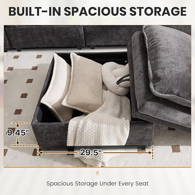 130" U Shaped Modular Sectional Sofa, Couch with Ottoman Storage, Chenille Cloud Couch with Plush Deep Seating for Living Room, Bedroom (Grey, 7 Seat)