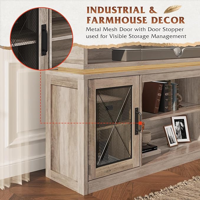 WLIVE Farmhouse TV Stand for TVs Up to 65 Inches, Tall Entertainment Center with Storage Cabinets & LED Lights, Media Console for Living Room, Bedroom, Home Theater, Gray Oak