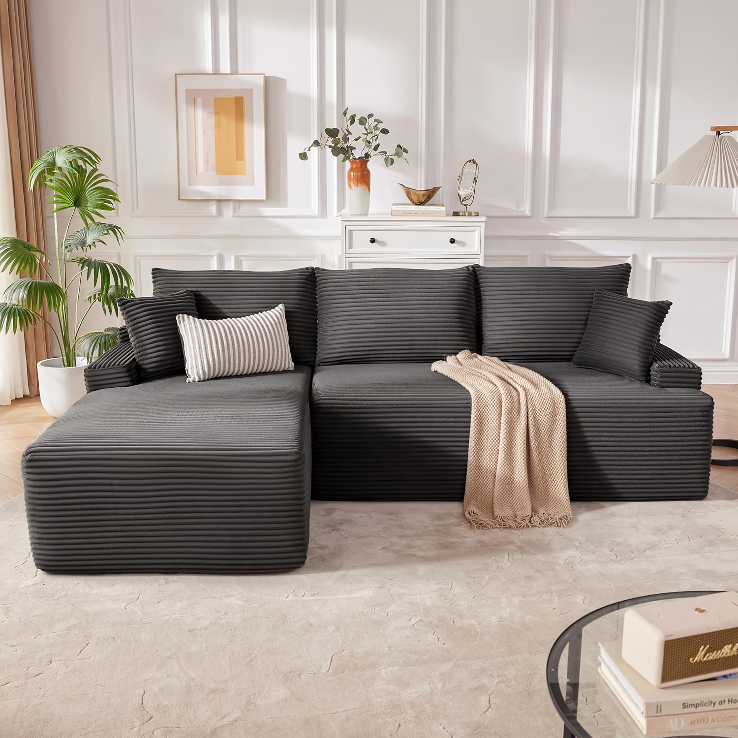 Mangodan Cloud Sectional Couch, Boneless Sofa for Living Room, Fluffy Comfy Couch with Deep Seat, Modular Sectional Sofa with L-Shaped Chaise, No Assembly Required, Dark Grey