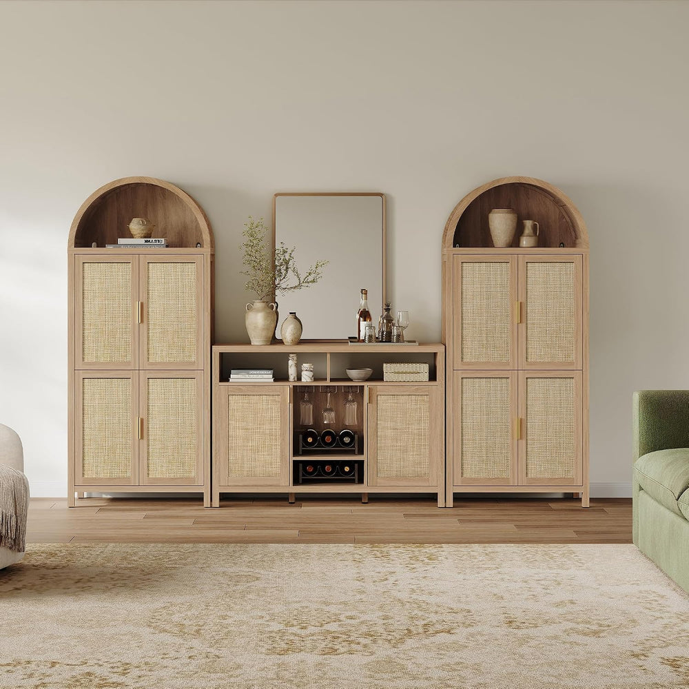 SICOTAS 51" Coffee Bar Cabinet with Storage, Rattan Bar Cart Liquor Cabi...