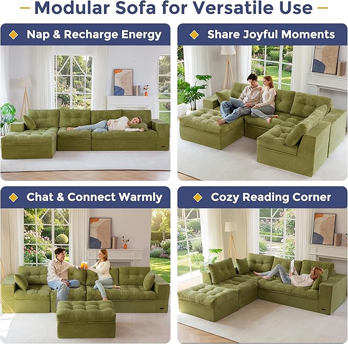 MAXYOYO 132" L Shaped Modular Sectional Sofa with Ottoman, Cloud Boneless Couch with Layered Cushion, Upholstered Sofa in a Box, Flexible Module Combination for Living Room, No Assembly, Green
