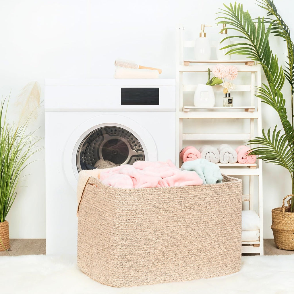 MINTWOOD Design 112L Extra Large Blanket Basket Holder Living Room, 25"x17"x16" Rectangle Rope Woven Storage Basket with Handles for Laundry, Towels, Shoes, Dog Toy Organizer Bin Box, Oatmeal Brown