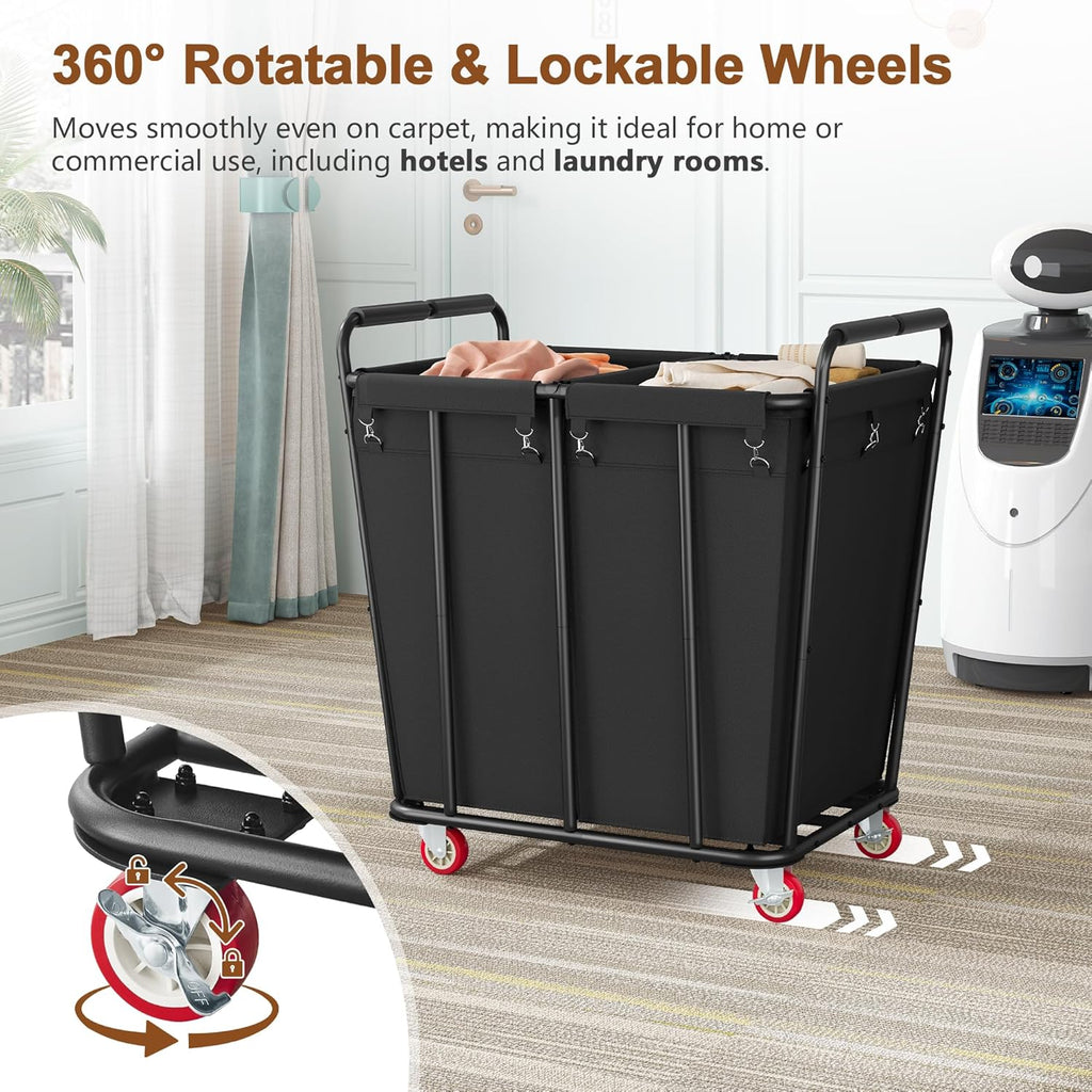 Hoctieon 2 Section Laundry Sorter Cart, 400L Rolling Hamper with Wheels, Industrial Laundry Basket Organizer, Extra Large Dirty Clothes Hamper for Home & Hotel, Heavy Duty, Black