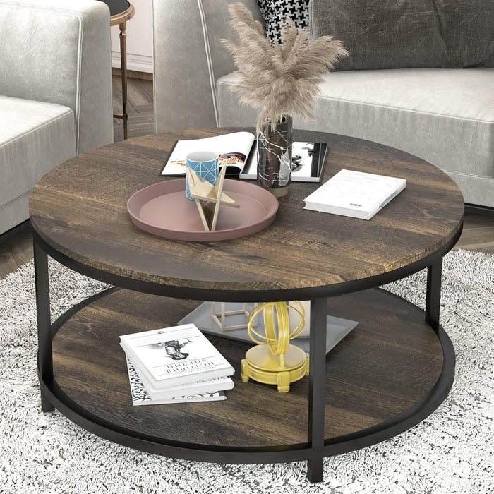 NSdirect 36 inches Round Coffee Table, Rustic Wooden Surface Top & Sturdy Metal Legs Industrial Sofa Table for Living Room Modern Design Home Furniture with Storage Open Shelf(Rustic Brown)