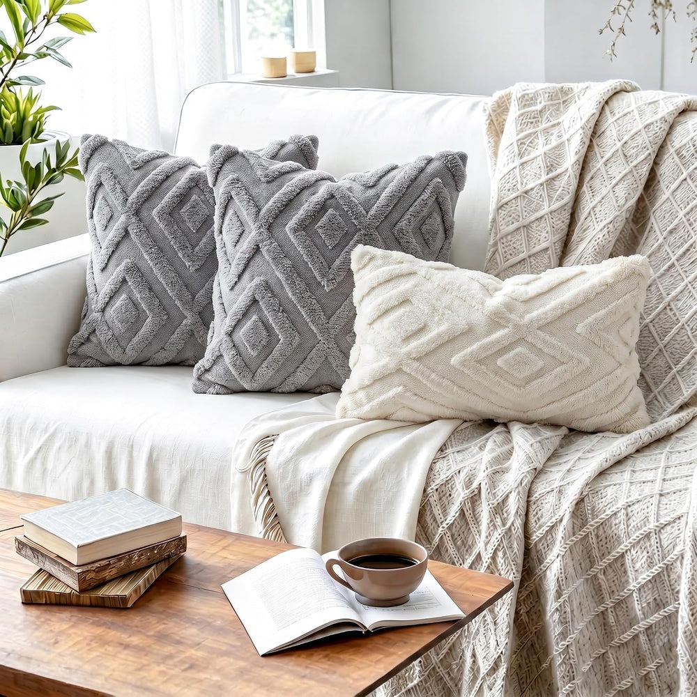 Set of 2 Faux Fur Beige Throw Pillow Covers 30x30,Soft Checkborad Pattern Dec...