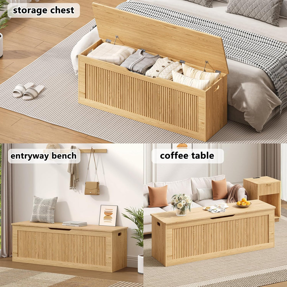Akxomel 51.2" Fluted Storage Chest Wooden Storage Trunk 2 Safety Hinges ...