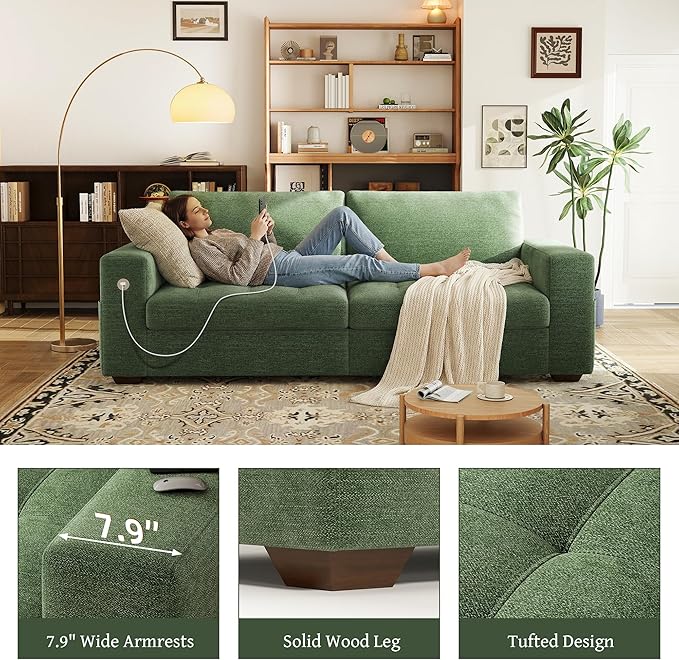 Hanherry 89" Sofa for Living Room, Modern Comfy Couch with Medium Firm Seat Cushion, Removable Cover,Wide Armrest,USB/Type-C Port,Chenille Fabric Couches for Small Space,Apartment