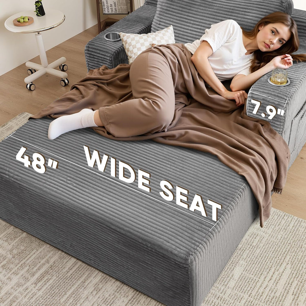 Homall Oversized Chaise Lounge Chair, Cloud Couch with Fluffy Upholstered, Deep Seat Sleeper Sofa Bed with Two Cup Holders, Comfy Boneless Couch No Assembly Required for Living Room, Apartment (Grey)