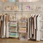 4 Tier Closet Hanging Organizer Foldable Dorm Closet Organizer White | Freestanding Closet Organizers and Storage with 5 S Hooks, wire closet shelving for Wardrobe Laundry Room Patent (11.8" D)