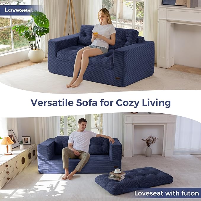 MAXYOYO 63" Loveseat Sofa Couch for Small Spaces, Upholstered Boneless Cloud Couch for Apartment Bedroom, 2-Seater Love Seat Floor Modern Sofa with Pillows, No Assembly Required, Navy