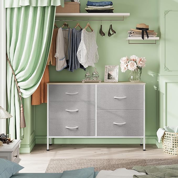 WLIVE Dresser for Bedroom with 5 Drawers, Wide Bedroom Dressers with Drawer O...