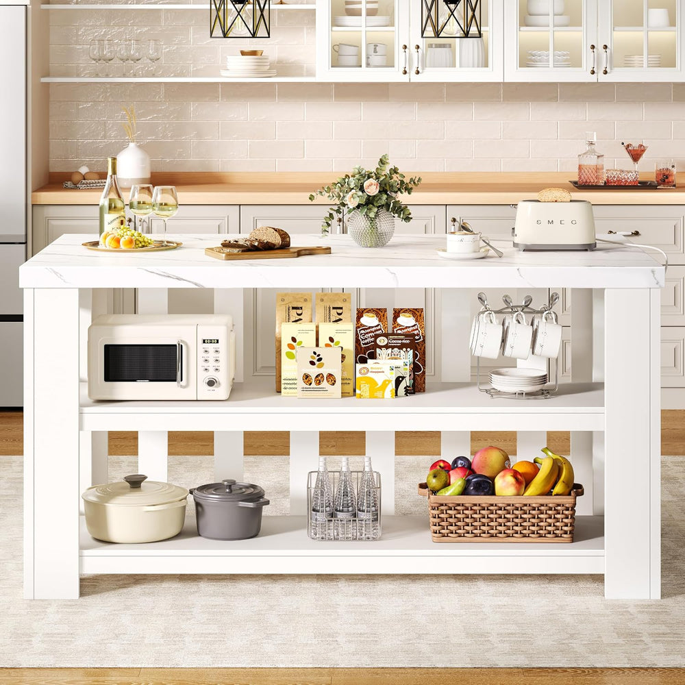 DynJest Kitchen Island with Storage, 55 Inch Large Faux Marble Prep Worktop |...