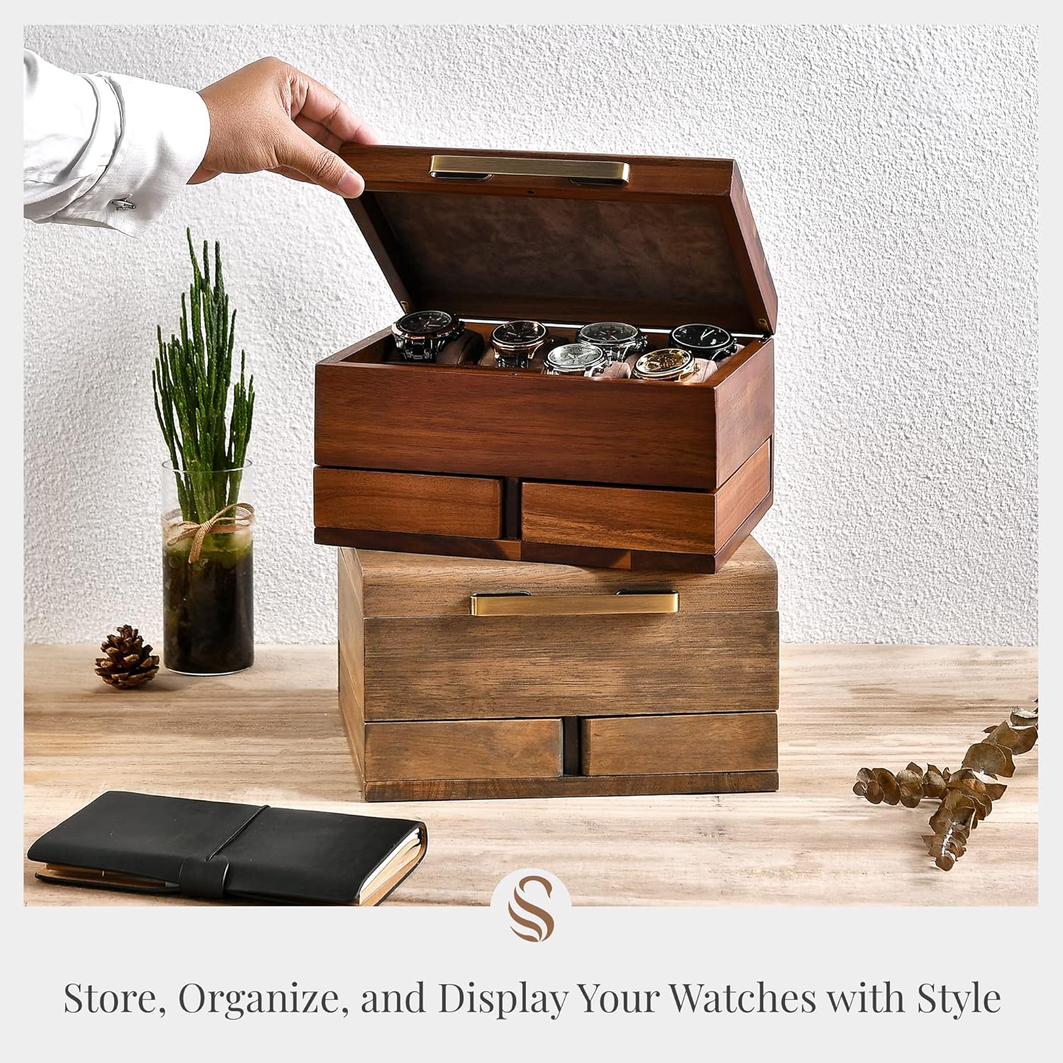 Shanik Luxury Large Watch Box Organizer for Men with 8 Divided Slots, Soft Velvet Pillows, and Pull-Out Drawers for Wallet, Cufflinks, and Accessories