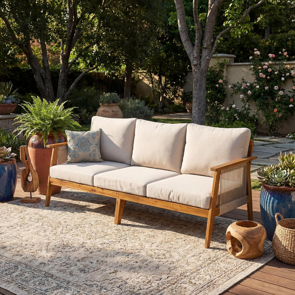 Christopher Knight Home Outdoor 3 Seater Patio Sofa with Acacia Wood Frame an...