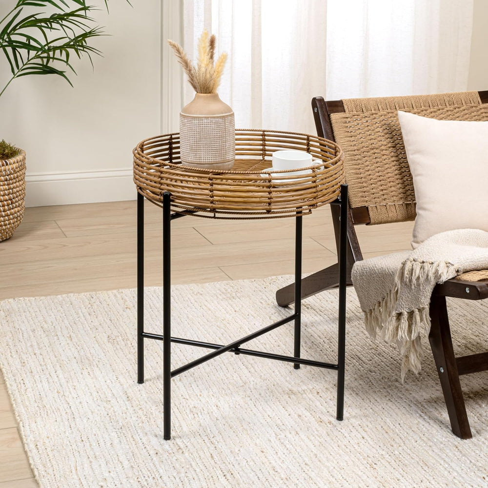 JONATHAN Y Malia 23" Round Faux Rattan Tray Top End Table, Bohemian Wove...