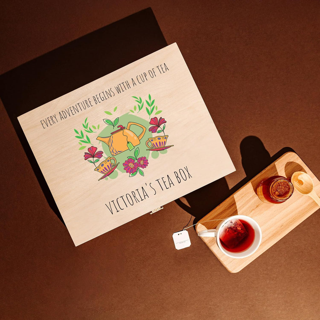 Creative Deco Personalized Wooden Tea Box Storage | 12 Compartments | Your Text + Photo/Logo | 11.41x9.84x2.95in | Luxury Organizer Bag Container Keepsake Chest | Gift Christmas Xmas | UV Print