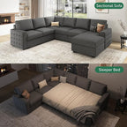 HONBAY Sectional Sleeper Sofa with Pull Out Bed U-Shape Sectional Couch Sleeper Bed with Storage Chaise 6 Seater Sleeper Sectional Sofa, Light Grey