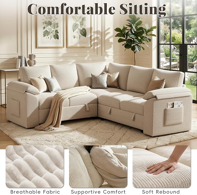 85 Inch Modular Sectional Sofa with Pull Out Couch Bed, L Shaped 5 Seat Sectional Couch with Storage, Corduroy Sectional Couches for Living Room, Cloud Modular Couch, Removable Sofa Cover, Beige