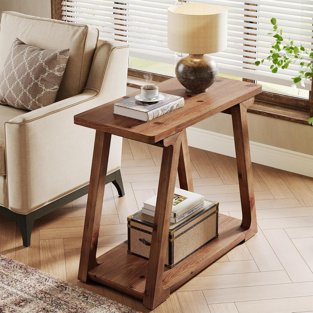 Solid Wood End Table for Living Room, 2-Tier Narrow Rustic Side Table, Rectan...