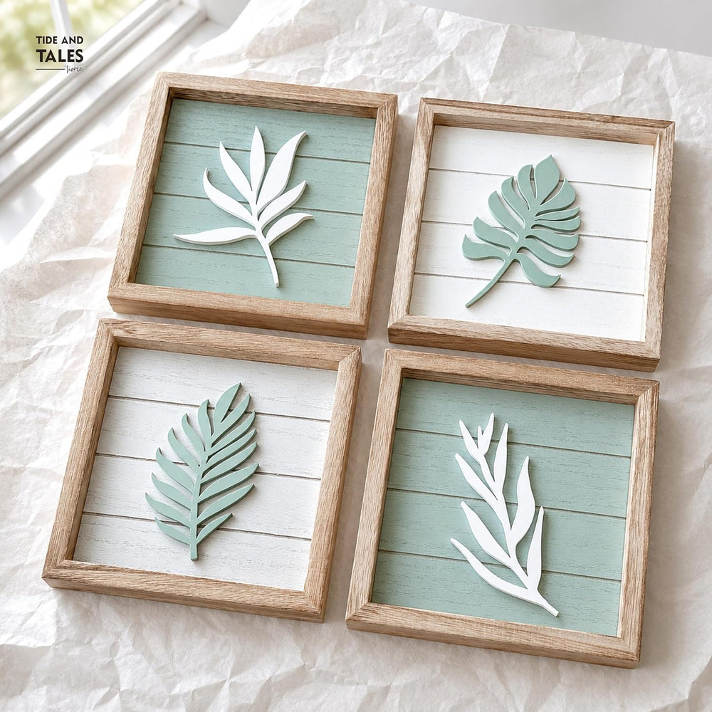 Tide and Tales 3d Sage Green Framed Wall Art, Set of 4, Bathroom Decor