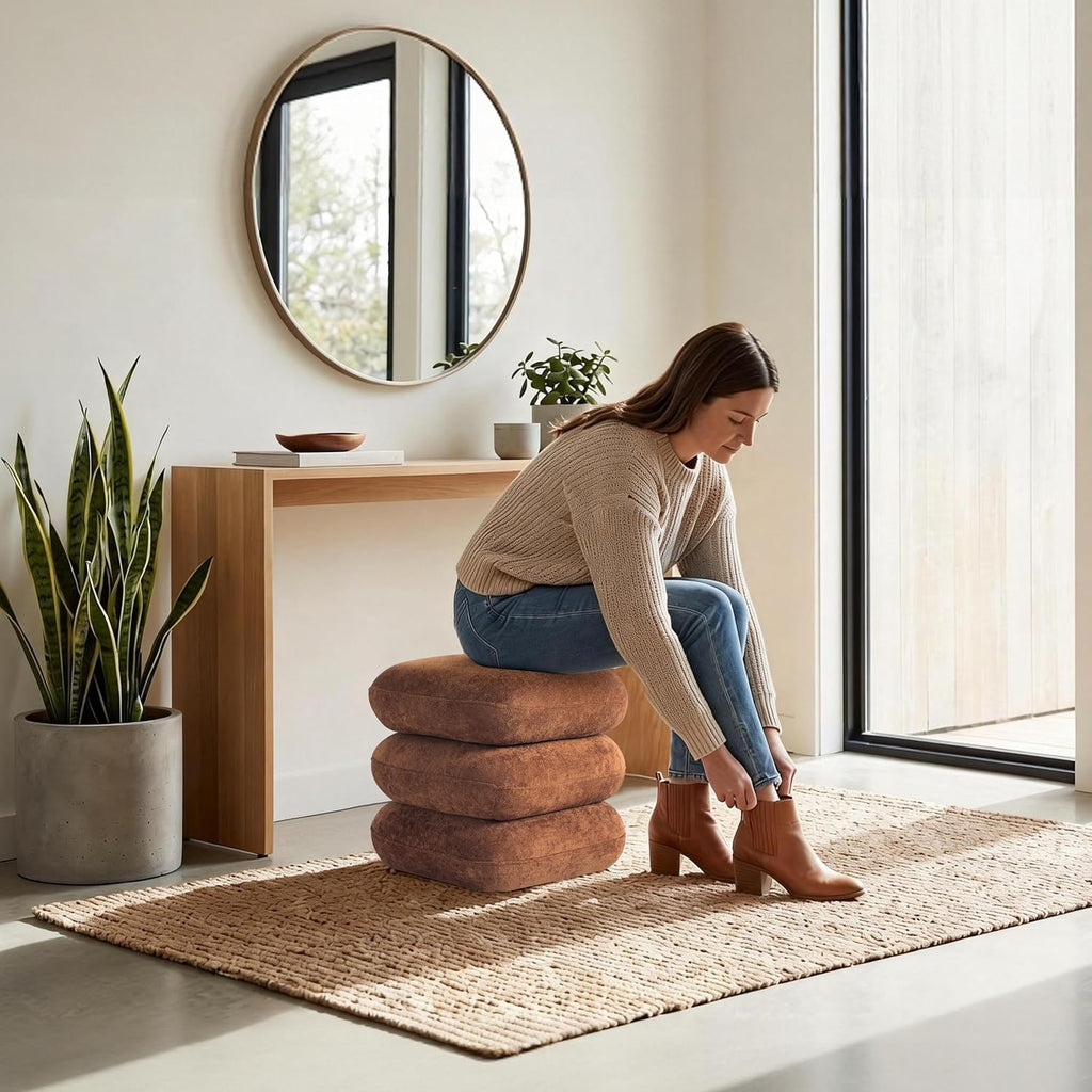 Get Set Style 360° Swivel Velvet Ottoman, Modern Upholstered Foot Stool, Multifunctional Vanity Chair Accent Stool for Small Space, Living Room, Bedroom, Entryway, Honey Ginger