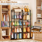 5-Tier Purse Organizer for Closet, Tall Purse Rack Stand for Purse Storage, Metal & Wood Handbag Organizer with 4 Side Hooks and 2 Baskets, Space-Saving Narrow Purse Shelf for Small Space, Bedroom