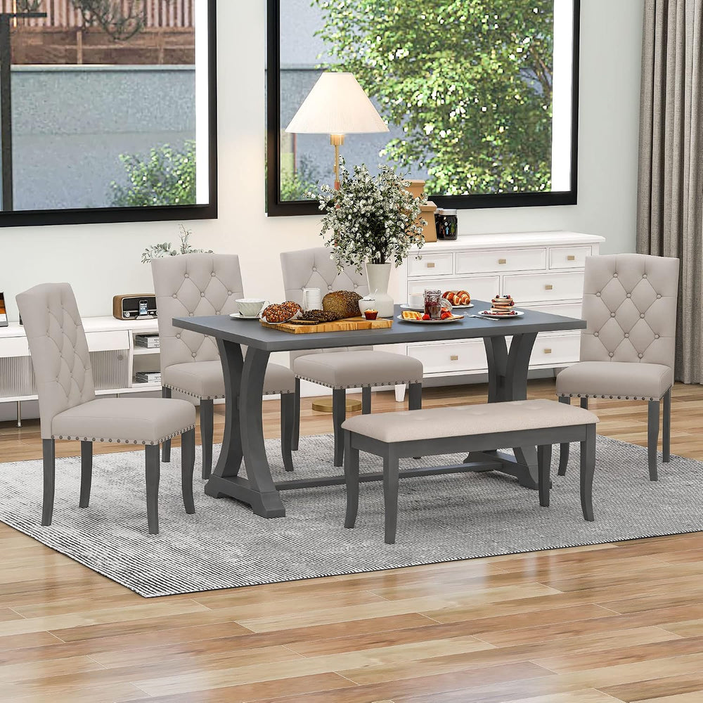Merax 6-Piece Kitchen Dining Table Set, Farmhouse Dining Table Set with Recta...