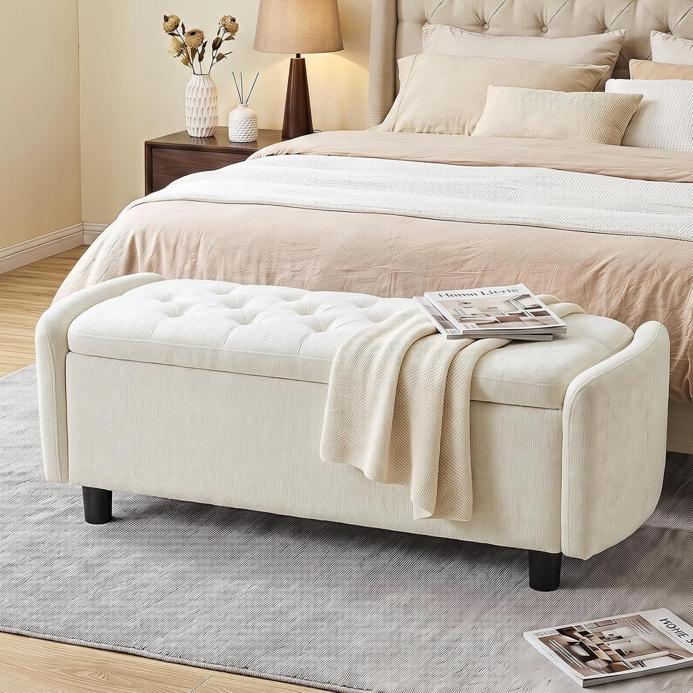 Furniliving 46.5‘’ Chenille Storage Bench, Button-Tufted Upholstered Storage ...
