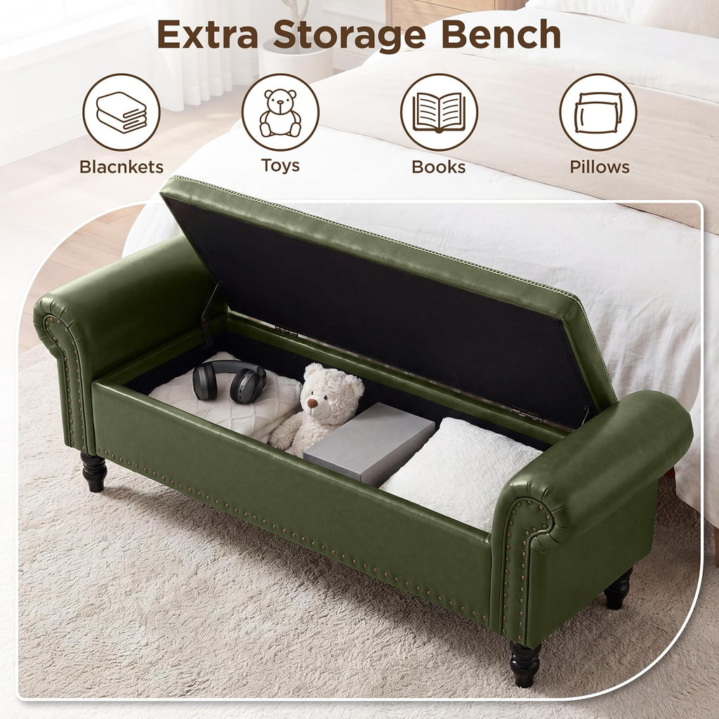FiveWillowise 64” Storage Benches, End of Bed Bench with Storage,Dark Green | Large Upholstered Storage Ottoman with Tufted, Faux Leather Window Bench with Nailhead Trim for Bedroom, Entryway, Closet