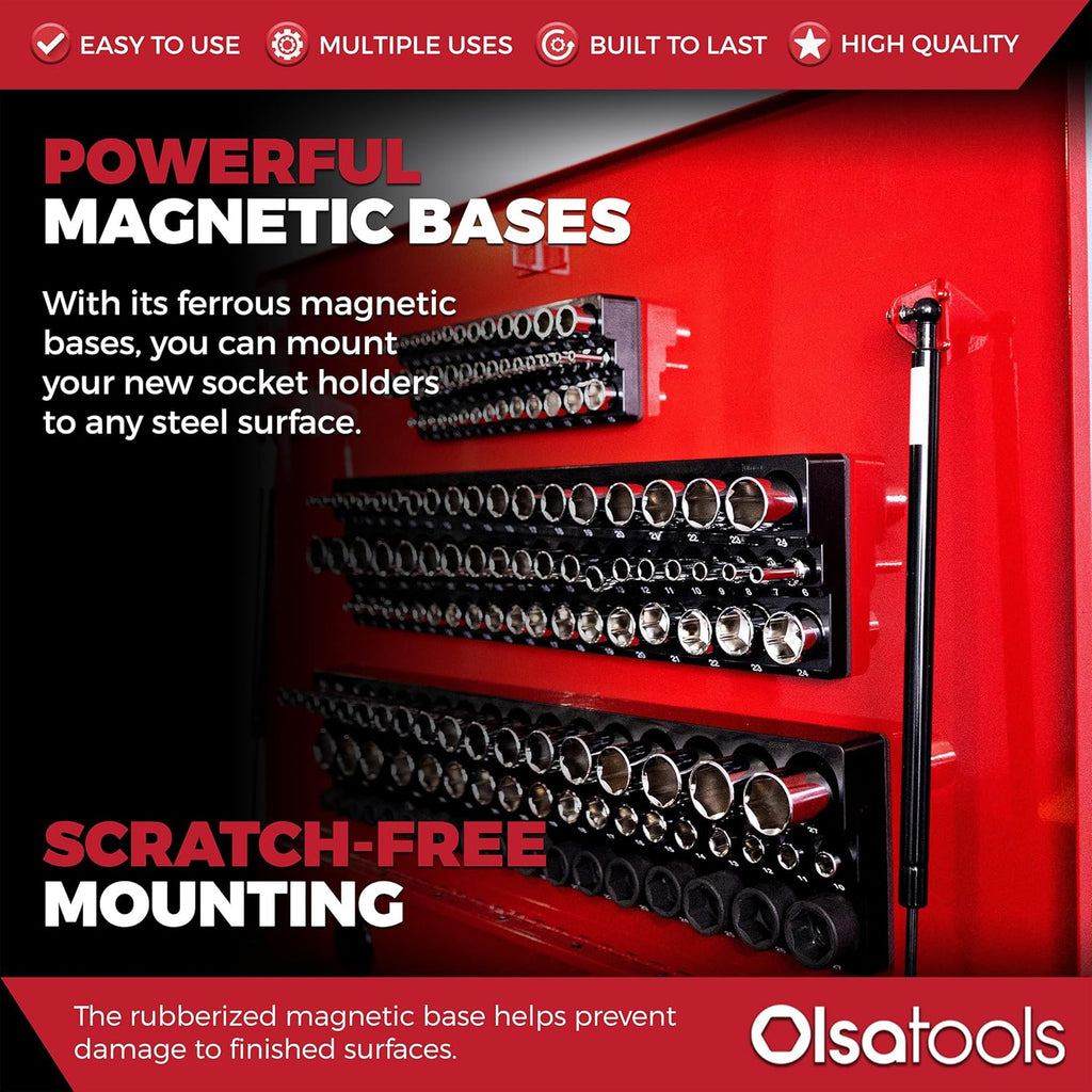 Olsa Tools Magnetic Socket Organizer | 3pc Socket Holder Kit | 1/2-Inch, 3/8-Inch, 1/4-Inch Drive | Socket Organizers For Toolboxes | Black | Holds 141 | Professional-Grade Tool Organizer | Part 1563