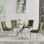 36" Modern Silver Glass Dining Room Table Set for 4,5-Piece Round Kitchen Dining Table Set with Cross Metal Legs and 4 Olive Green Velvet Upholstered Chairs,Glass Kitchen Table & Chairs Set