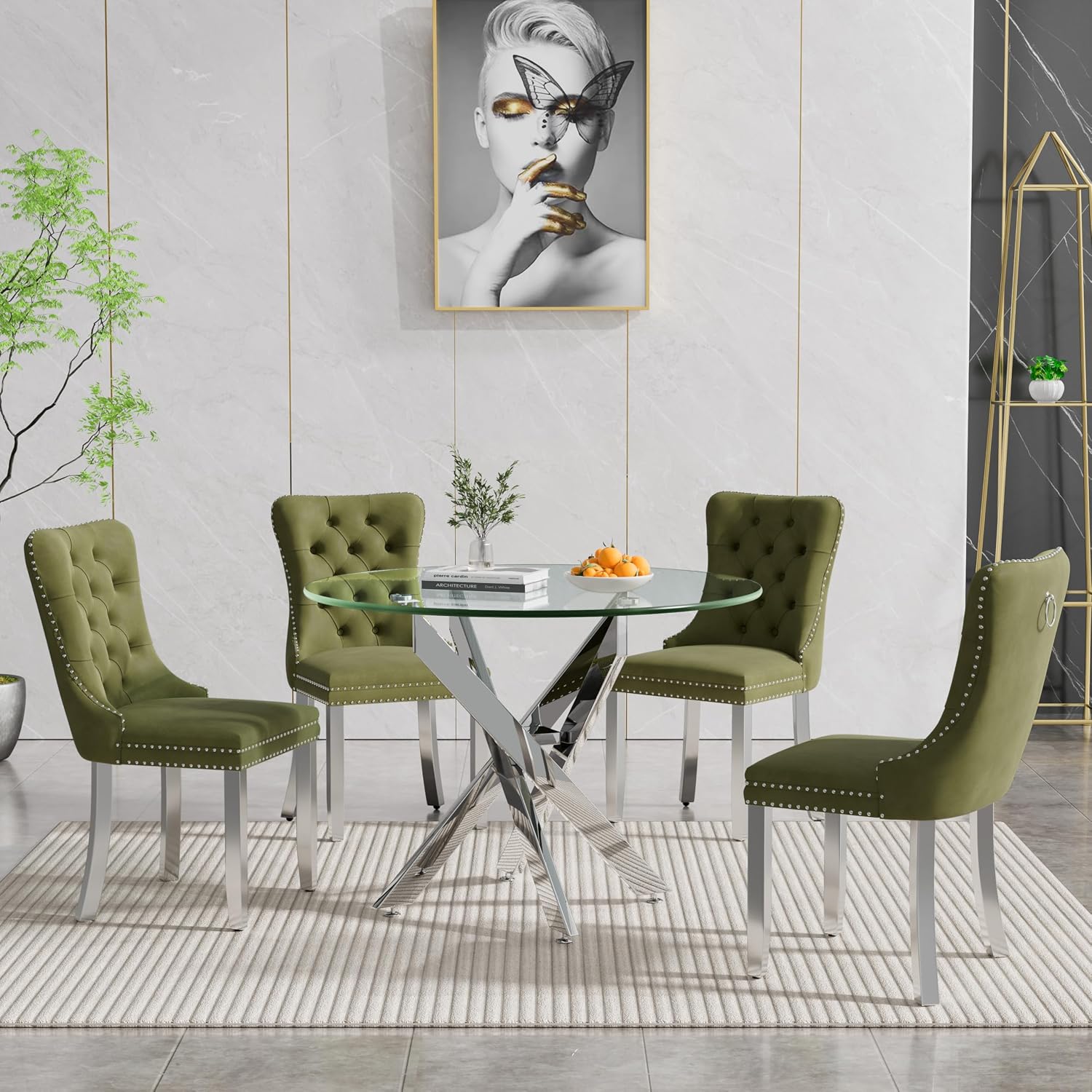 36" Modern Silver Glass Dining Room Table Set for 4,5-Piece Round Kitchen Dining Table Set with Cross Metal Legs and 4 Olive Green Velvet Upholstered Chairs,Glass Kitchen Table & Chairs Set