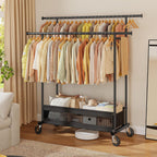 Clothes Rack, Double Rod Clothing Rack with Storage Bag & Sturdy Wheels, Metal Garment Rack for Closet Organizers and Storage, 43.3" W×17.7" D×63" H