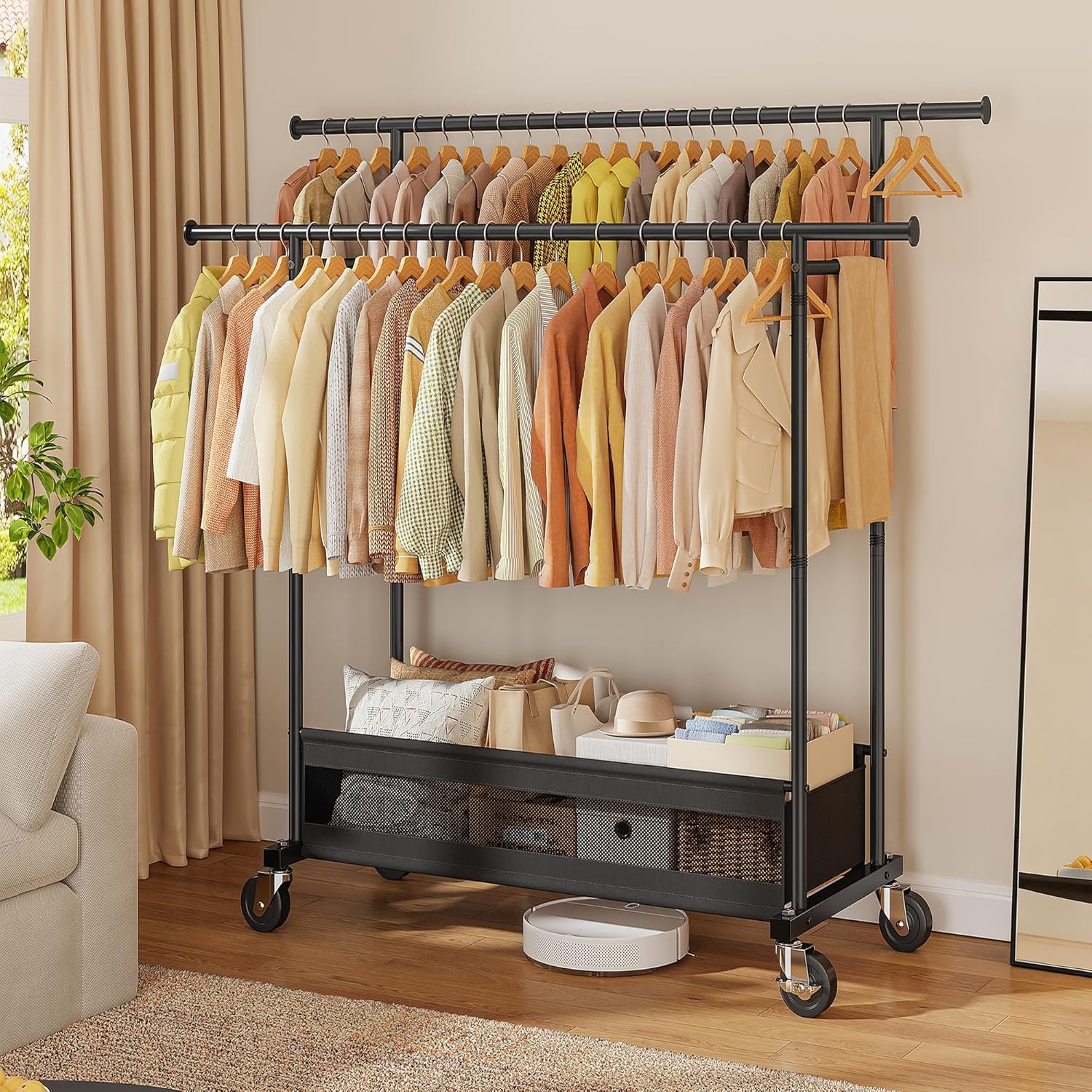Clothes Rack, Double Rod Clothing Rack with Storage Bag & Sturdy Wheels, Metal Garment Rack for Closet Organizers and Storage, 43.3" W×17.7" D×63" H