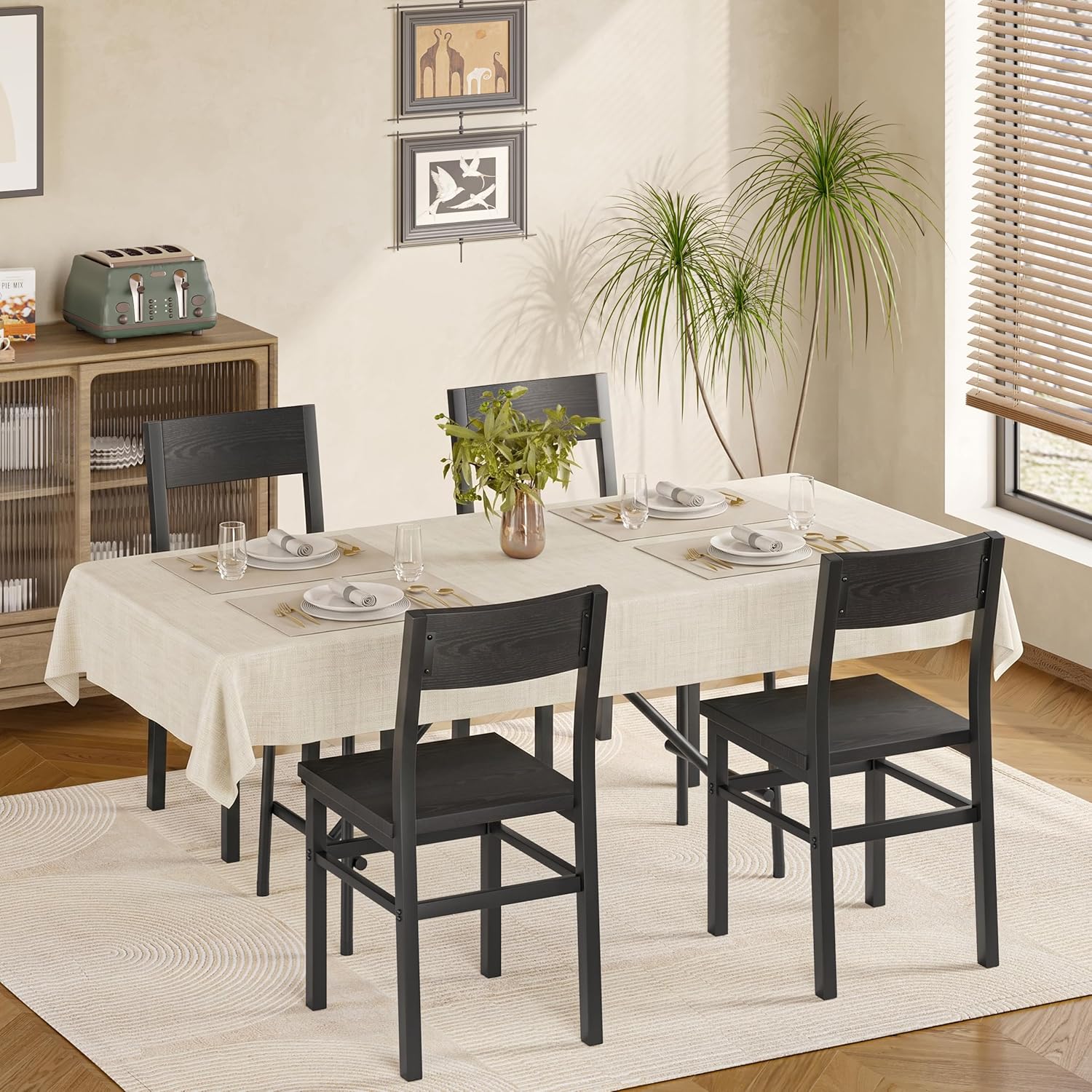 MECHYIN Dining Chairs Set of 4, Rustic Wood Dining Room Chairs with Thickened and Strengthened Metal Steel Frame & Slat Back, Modern Farmhouse Chair for Kitchen, Dining Room (4, Dark Black)