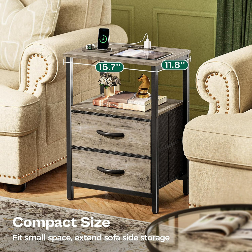 Huuger Night Stand with Charger Station and LED Lights, 2 Drawer Nightstand, ...