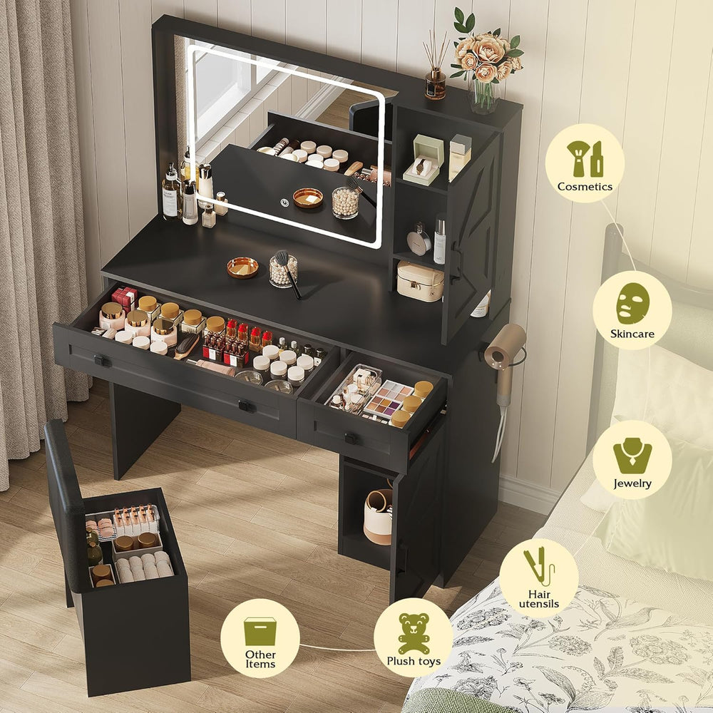 WLIVE Farmhouse Vanity Desk with LED Mirror & Stool, Black | Charging sta...