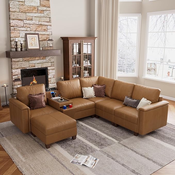 SITJOY 105" Faux Leather Modular Sectional Sofa with Storage, Mid Century Modern Sectional Couches for Living Room, 6 Seat V Shaped Couch with Ottoman and Console Table, Hidden Cupholders, Brown