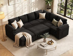 108 Inch Sectional Sleeper Sofa Bed with Pull Out Couch, U Shaped 7 Seat Cloud Modular Sectional Sofa with Storage, Corduroy Sectional Couches for Living Room, Removable Sofa Cover, Black