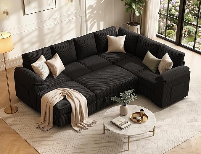 108 Inch Sectional Sleeper Sofa Bed with Pull Out Couch, U Shaped 7 Seat Cloud Modular Sectional Sofa with Storage, Corduroy Sectional Couches for Living Room, Removable Sofa Cover, Black
