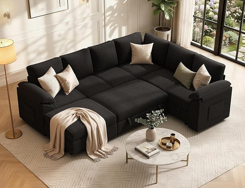 108 Inch Sectional Sleeper Sofa Bed with Pull Out Couch, U Shaped 7 Seat Cloud Modular Sectional Sofa with Storage, Corduroy Sectional Couches for Living Room, Removable Sofa Cover, Black