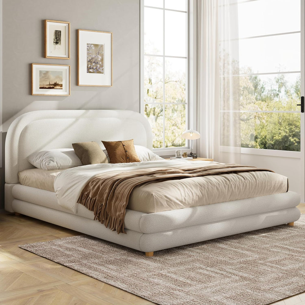 Virubi Queen Size Boucle Upholstered Bed Frame with Boucle Upholstered Thick ...