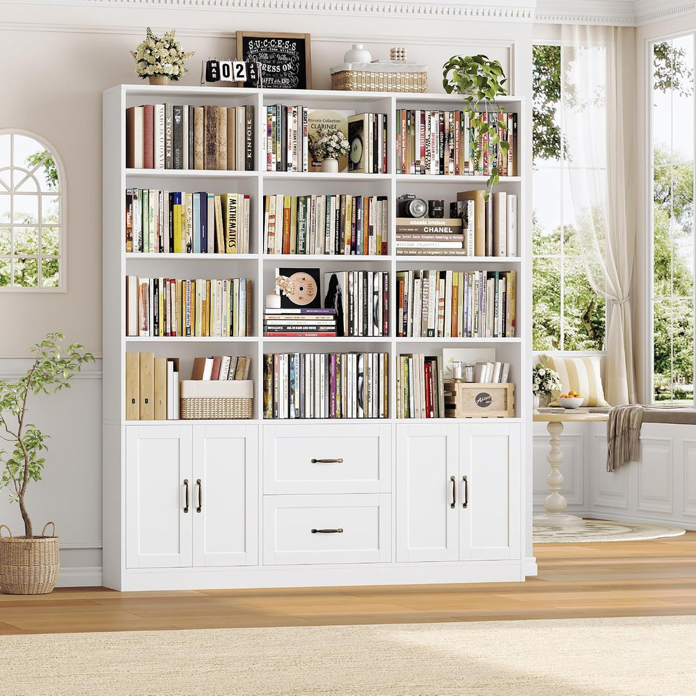 HOSTACK 71" Tall Triple Wide Bookshelf with Storage Drawers & Doors,...