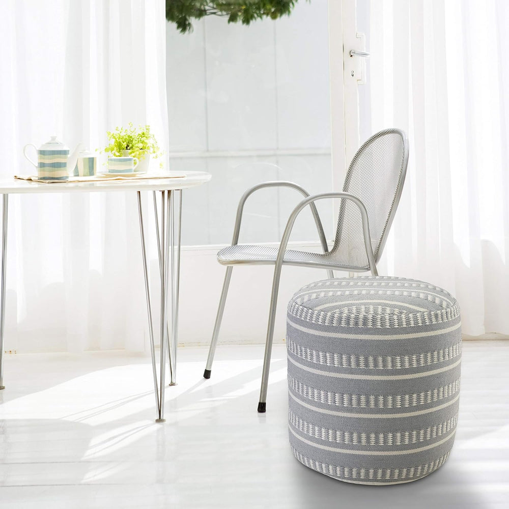 LR Home Dash and Stripe Geometric Indoor Outdoor Pouf, Blue/White, 20" x...