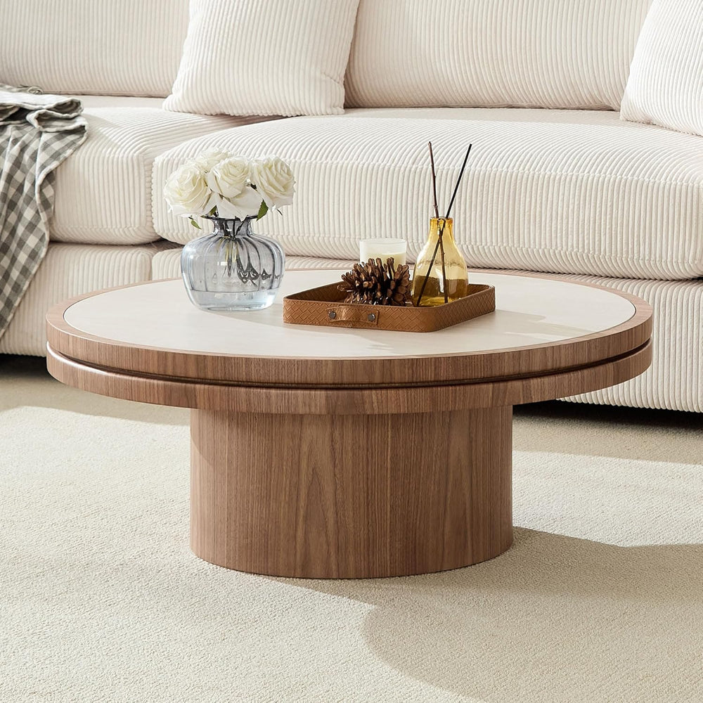 35.43 Inch Round Sintered Stone Side Table, No Assembly MDF Coffee Table with...