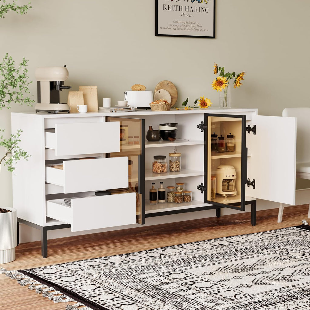 Freestanding Storage Cabinet with 3 Dawers, 3 Shelves, Single Door & French Door, Rectangular Wood Kitchen Pantry, Modern Minimalist, for Living Room, Dining Room, White