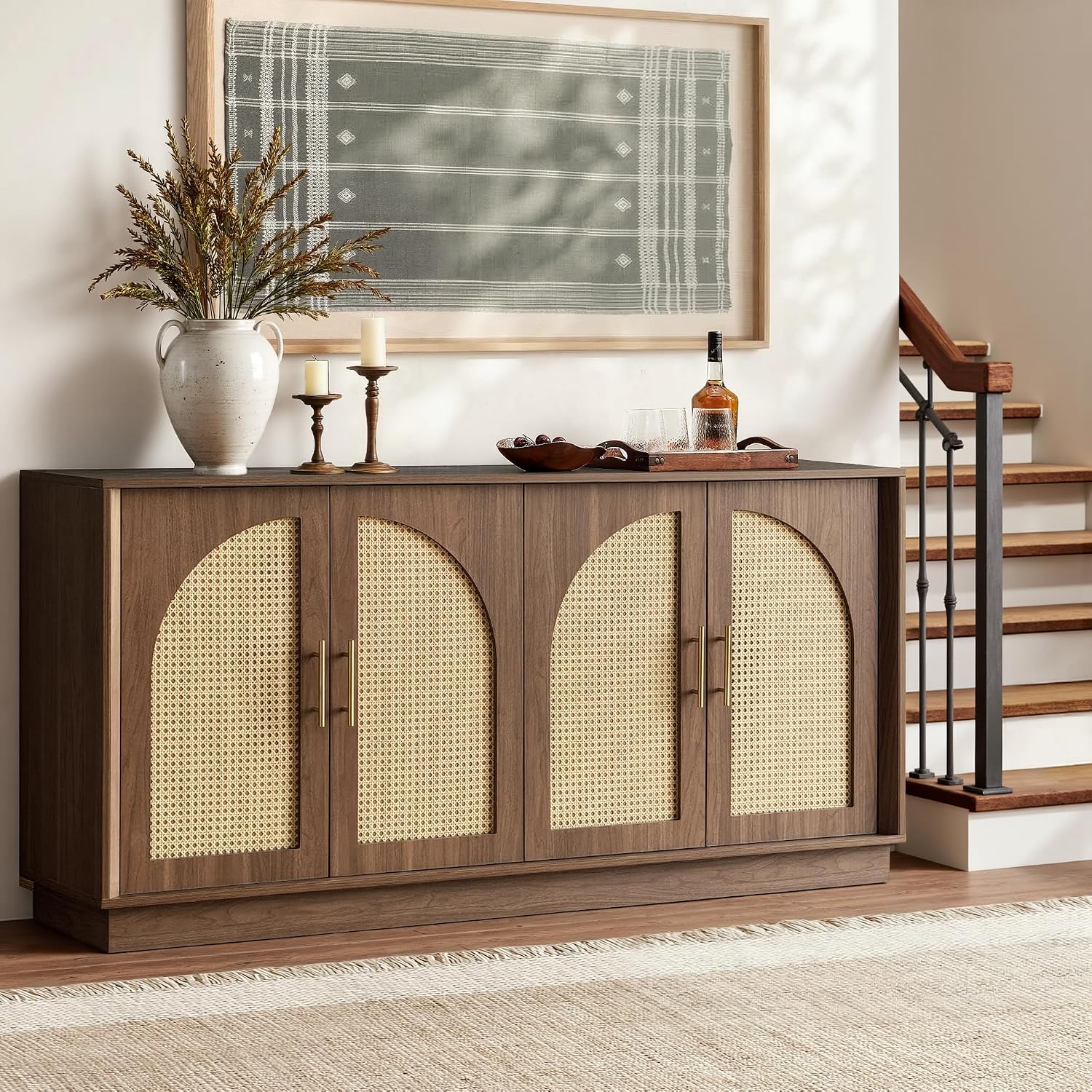 FORTUNETEC 63.8" Sideboard Buffet Cabinet with Storage, Natural Walnut | Accent Cabinet with Arched Doors, Boho Modular Media Console, Credenza for Living Room Kitchen Dining Room Entryway