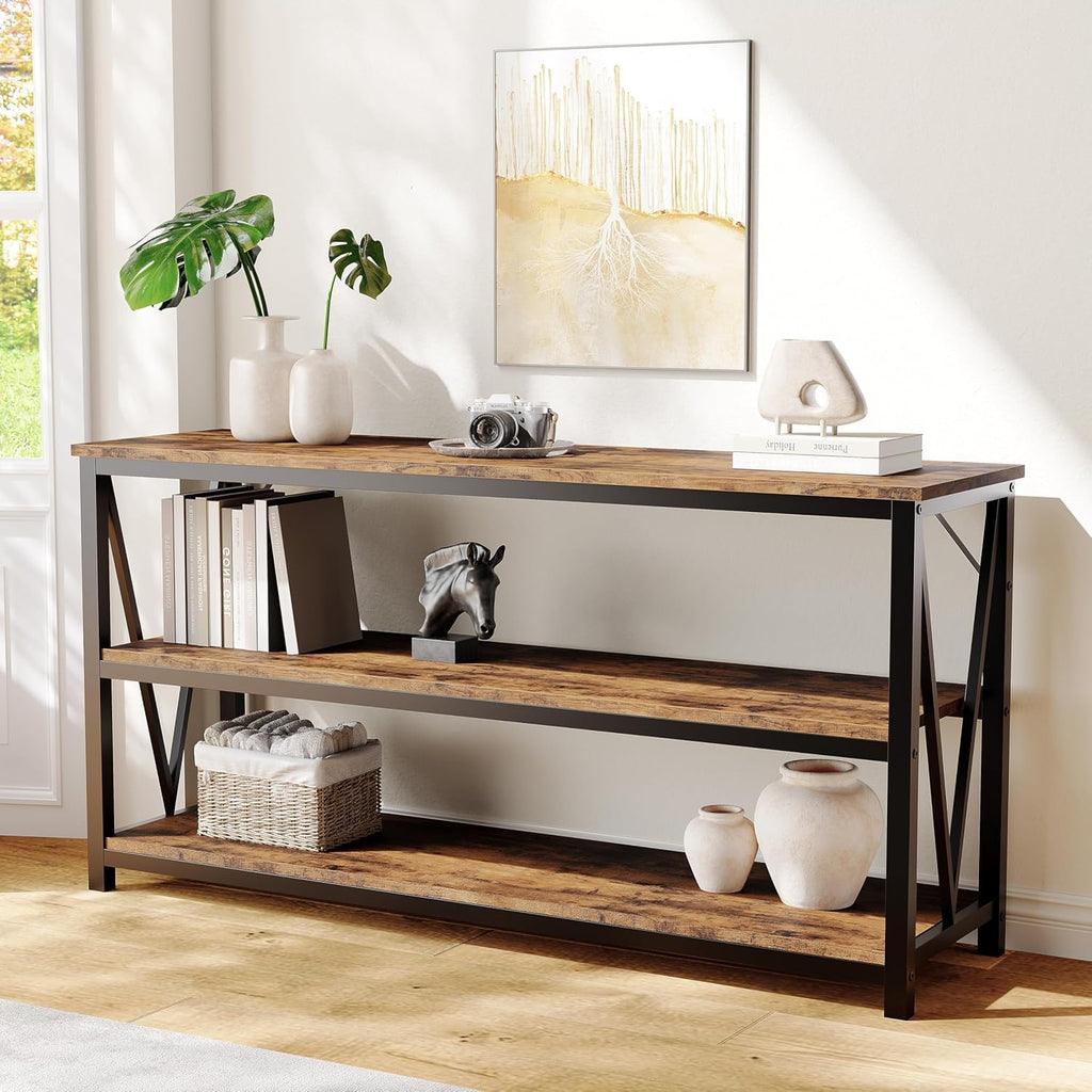IDEALHOUSE Industrial Entryway Table, 47 in Narrow Long Console Table with Storage, 3 Tier Wood Console Table for Living Room, Farmhouse Sofa Tables Behind Couch, Hallway Table for Foyer-Brown
