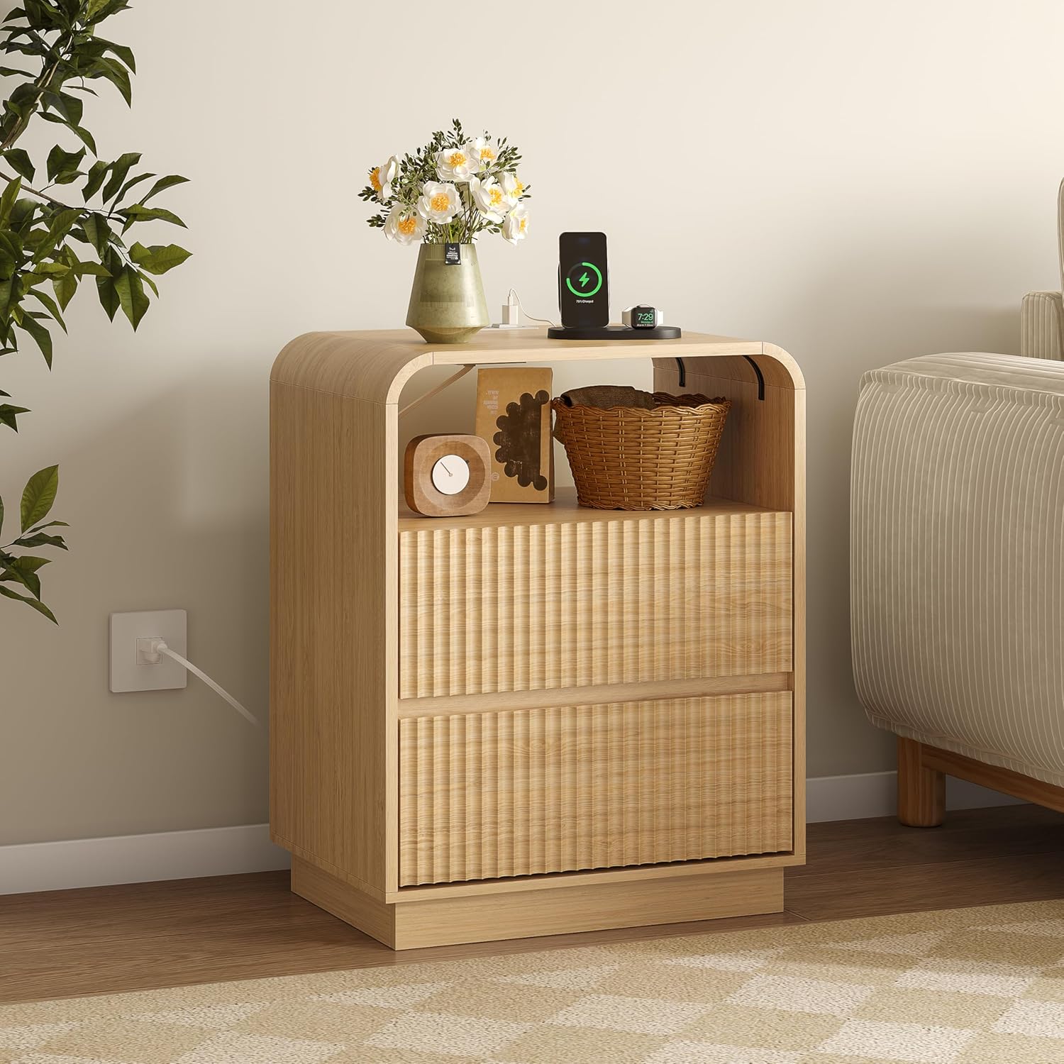 Dresser with 2 Drawers and Charging Station, Fluted Bedside Table with Round Curved Corner, Hidden Handles, 2 AC Outlets and 2 USB Ports, Modern Wood End Table with Open Shelf for Bedroom